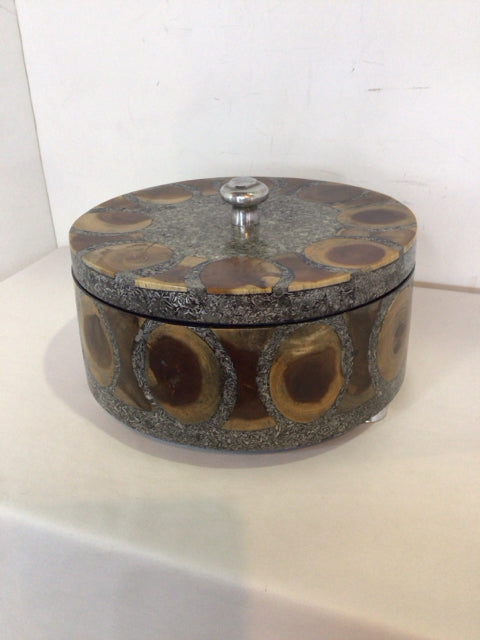 Round Wood Lidded Footed Brown/Gray Box