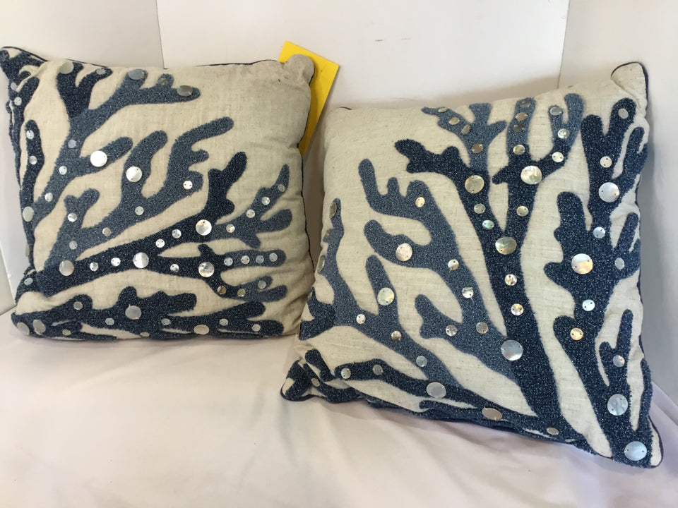 Pair Tan/Blue Beaded Coral Pillow Set