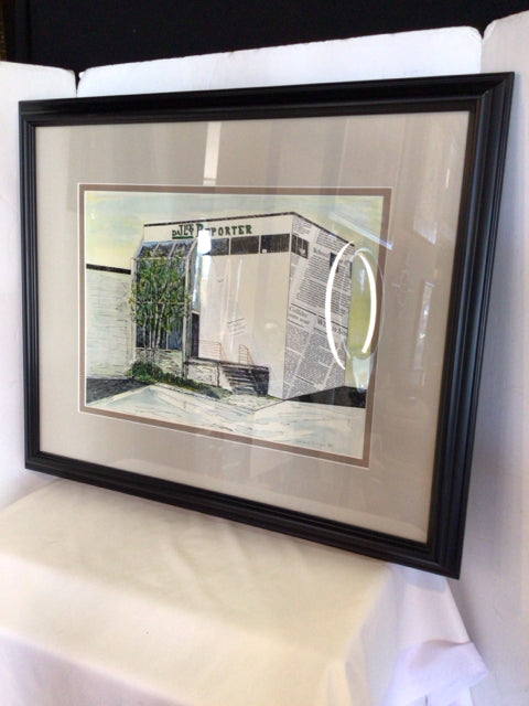 Signed Black/White Buildings Newsprint Framed Art