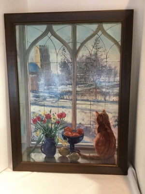 Blue/Multi Window Cat Framed Art