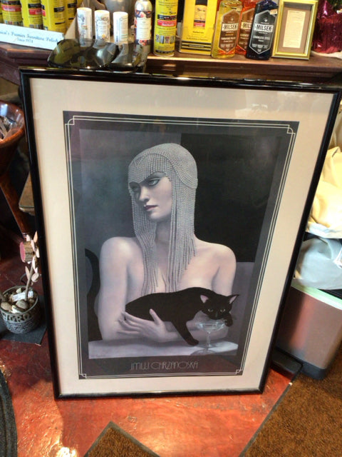 Art Deco Black Woman Cat Framed Art