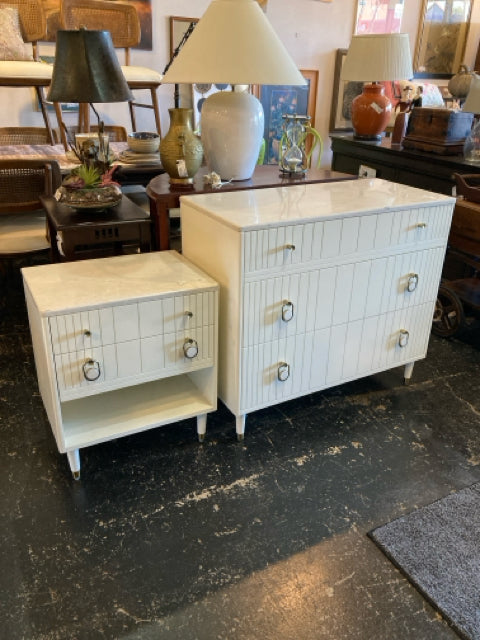 Wood 3 Drawers Marble Top White Dresser & Night Stands