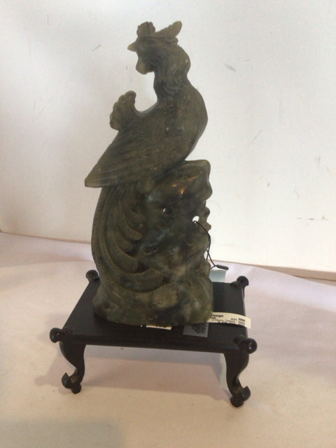 2 Piece Green Soapstone Peacock On Stand Figurine