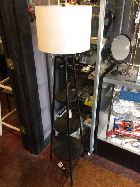 Floor Black Metal/Wood Tiered Tripod Lamp