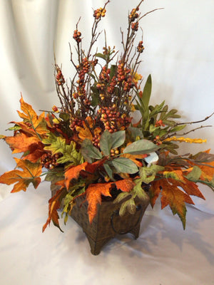 Fall Orange/Green Faux Silk Planter Leaves Holiday Item