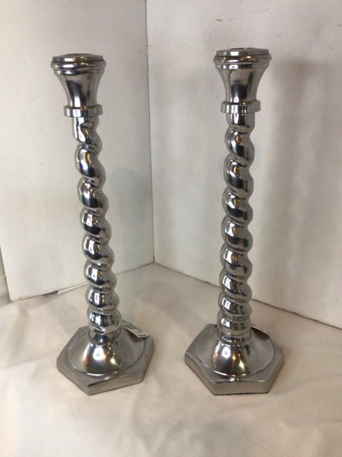 Pair Silver Metal Twisted Pair Candle Sticks