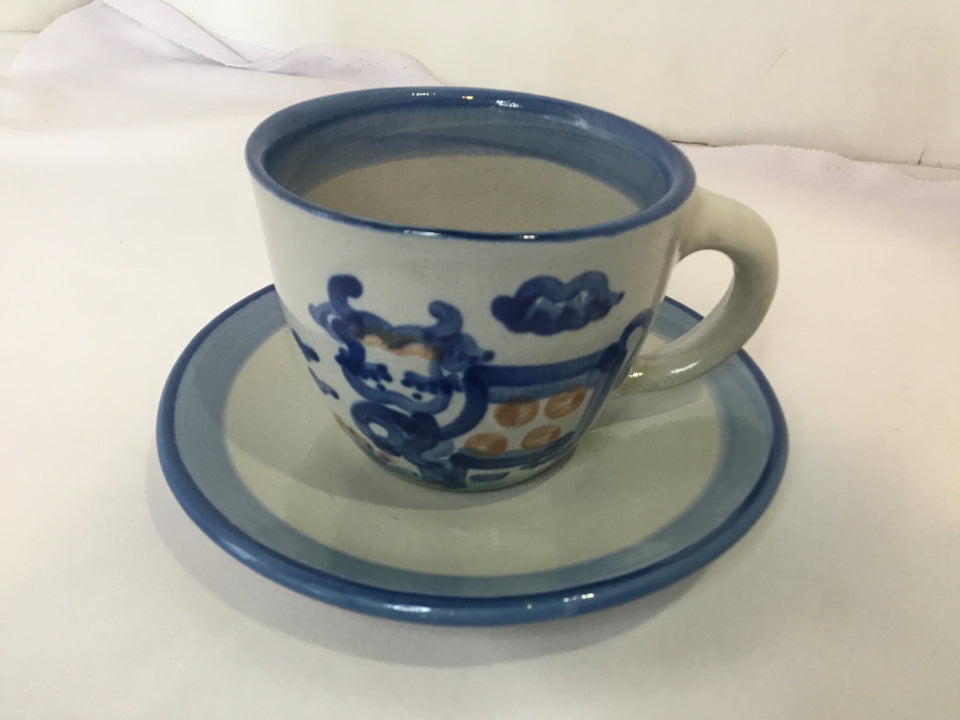 M.A. Hadley 2 Piece Gray/Blue Stoneware Cup/Saucer