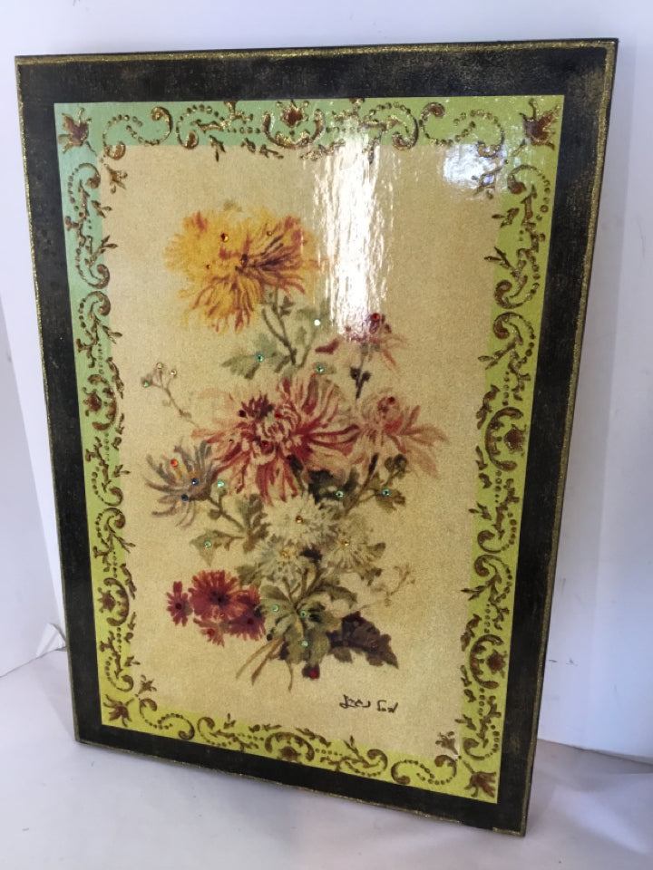 Michal Negrin Wood Floral Glitter Green Wall Decoration Art