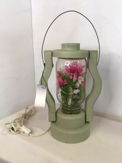 Electric Green/Pink Wood Faux Flowers Lantern
