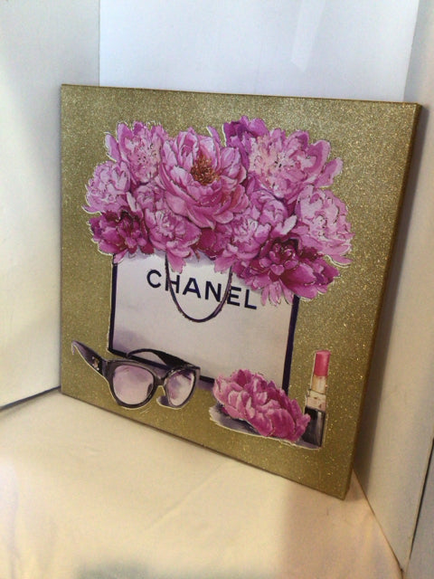 Gold/Pink Glitter Flowers Stretch Canvas Art