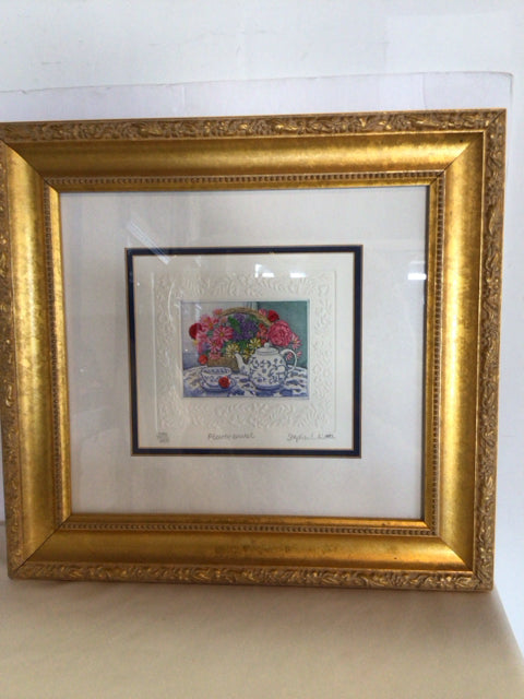 Signed Multi-Color Flower Baskets Tea Party Framed Art