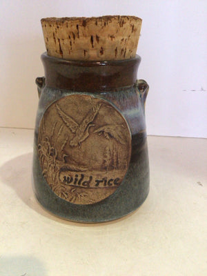 Lidded Brown/Blue Pottery Bird Jar