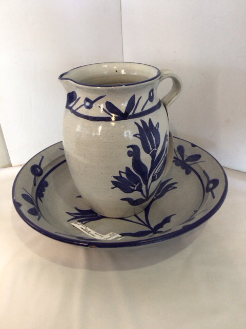 Hand Painted Blue/White Pottery Floral Pitcher & Bowl