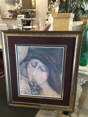 Barbara Wood Signed Blue/Cream Woman Framed Art