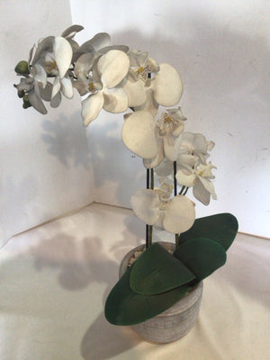 White/Green Orchids In Planter Faux Flowers