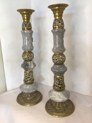 Pair Gray/Aqua Marble Candlesticks