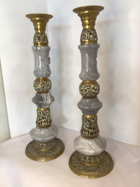 Pair Gray/Aqua Marble Candlesticks