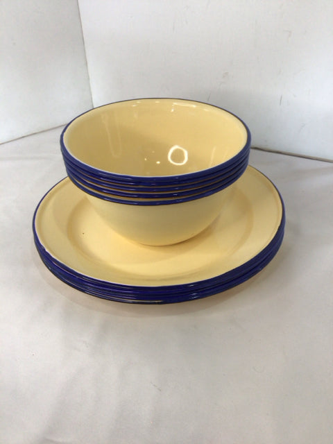 Pottery Barn Set of 5 Blue/Yellow Enamel Plate & Bowl