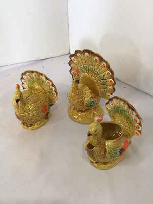 Thanksgiving Yellow Ceramic Turkey Set of 3 Holiday Item