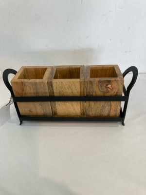 Rustic Brown/black Metal/Wood 3 Boxes Silverware Caddy