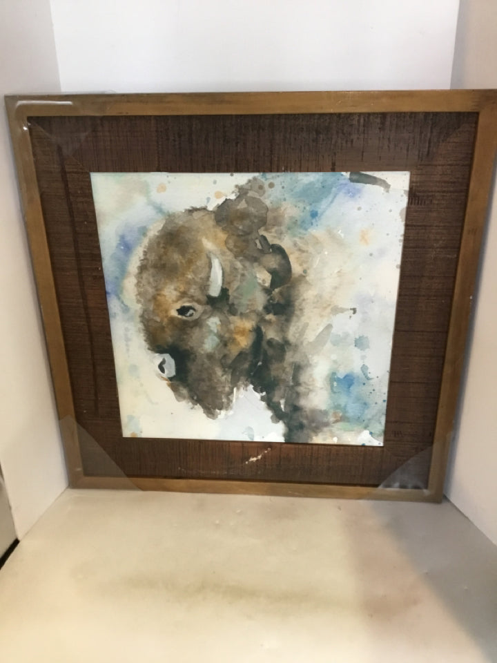 Brown/White Wood Buffalo Framed Art