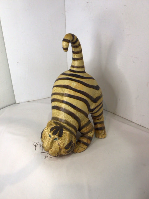Whimsical Tan/Brown Ceramic Striped Cat Sculpture