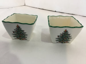Spode Christmas Green/White Ceramic Candle Holder Pair Holiday Item
