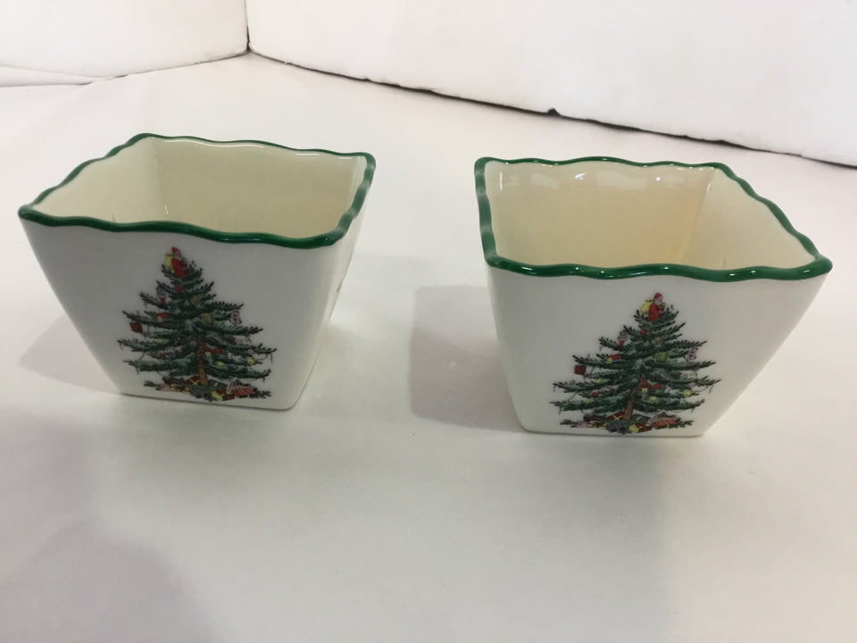 Spode Christmas Green/White Ceramic Candle Holder Pair Holiday Item