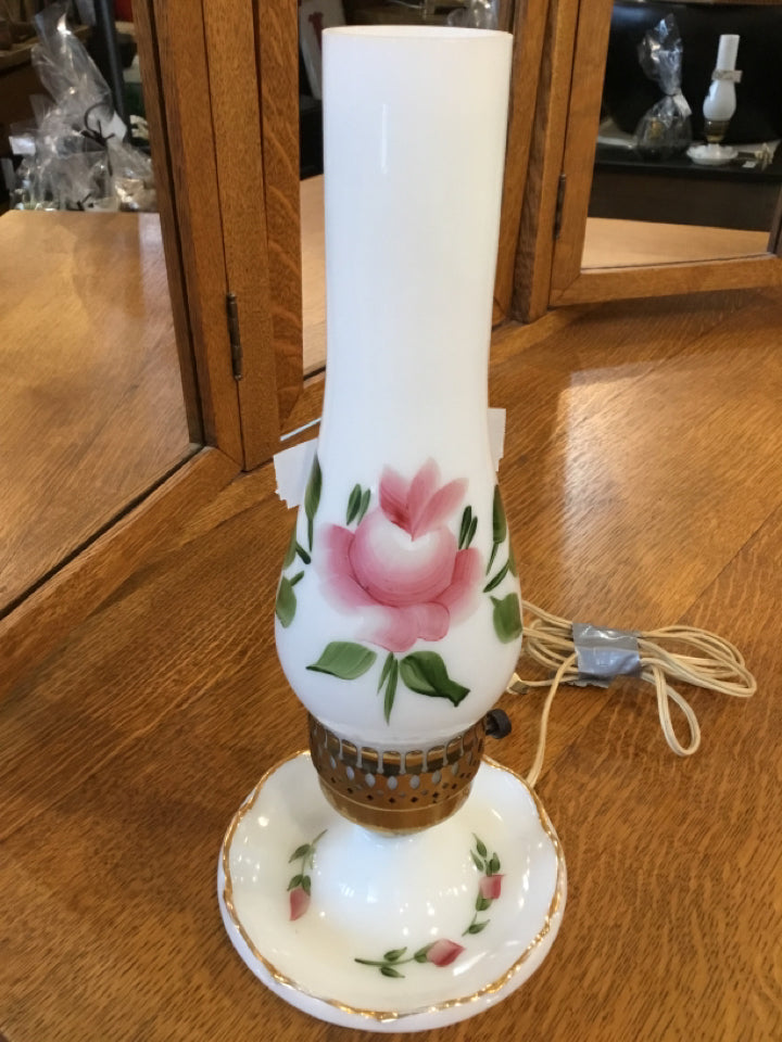 Vintage White/Pink Glass Roses Hurricane Lamp