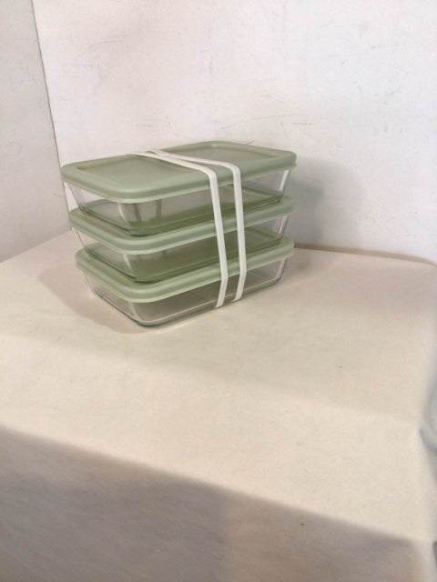Set of 3 Green Glass Rectangle Bowl Set