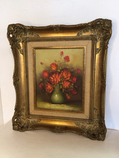 Vintage Signed Gold/Red Oil painting Flowers In Vase Framed Art