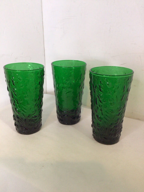 Anchor Hocking Set of 3 Green Glass Crinkle Glasses