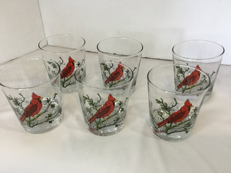 Christmas Set of 6 Clear/Red Glass Cardinal Glasses