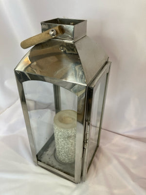 Lantern Silver Metal/Wood w/Candle Candle Holder