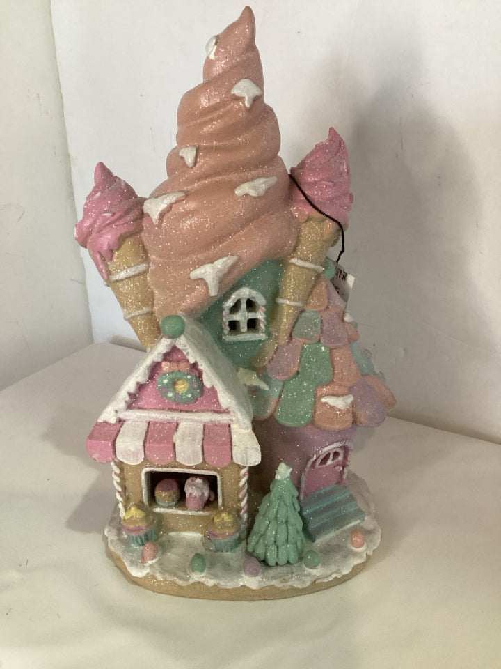 Village Pink Ceramic Ice Cream Light up Holiday Item