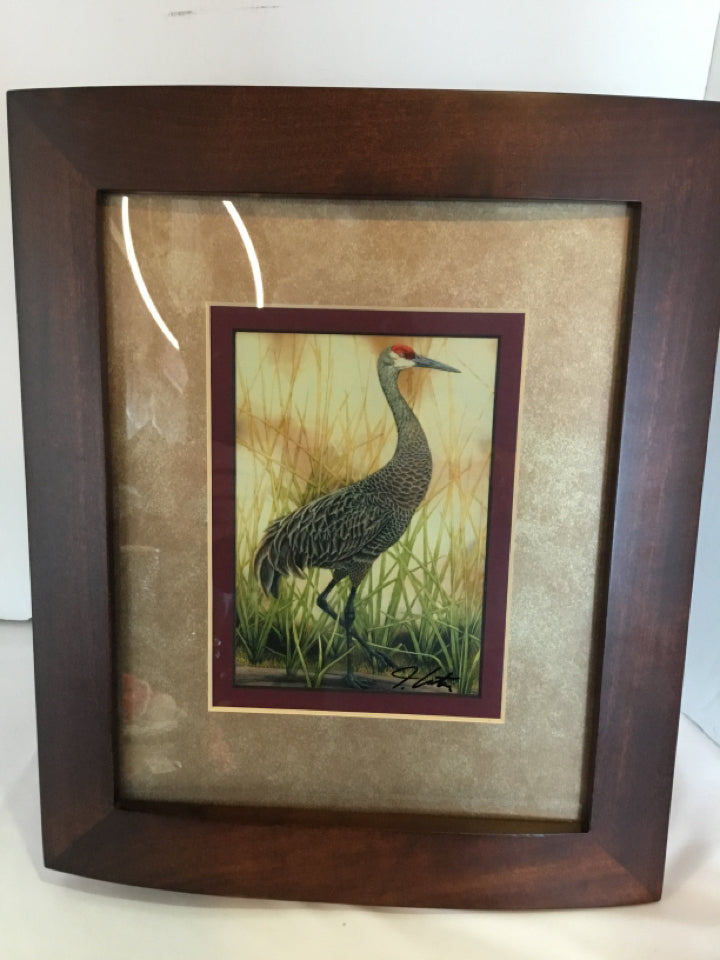 Signed Brown/Green Heron Framed Art