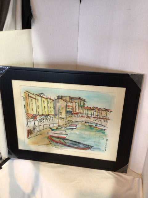 Abstract Cream/Multi Boats Framed Art