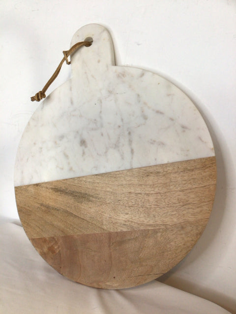 White/Tan Marble/Wood Round Cutting Board