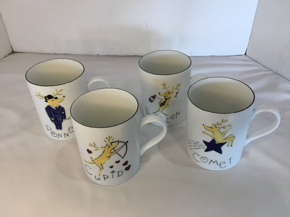 Pottery Barn Mug White/Multi Reindeer Set of 4 Holiday Item