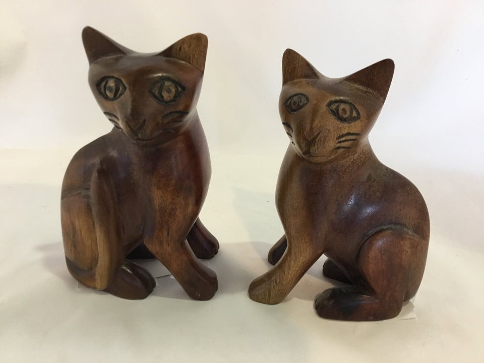 Carved Natural Wood Sitting Cat Book End