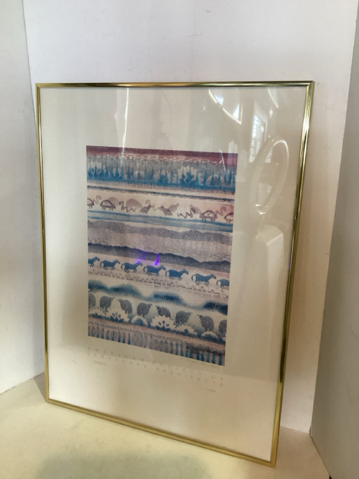 Signed Lithograph Blue/Multi Animal Landscape Framed Art