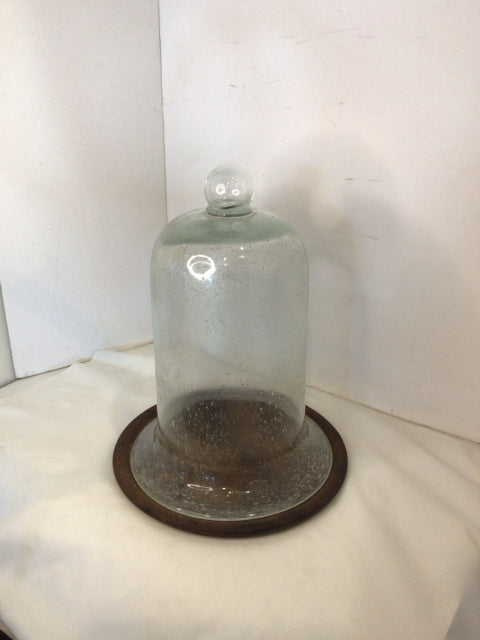 Clear/Brown Glass & Wood W/Plate Cloche