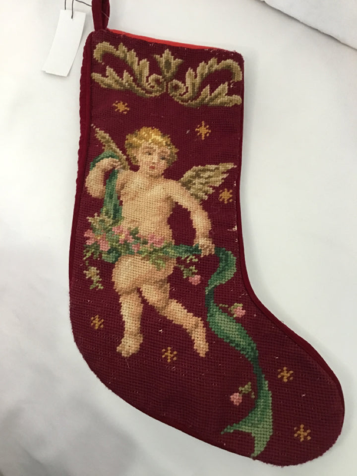 Christmas Red/Multi Velvet Embroidered Stocking Angel Holiday Item