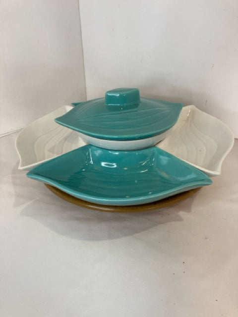 Mid-Century Aqua Ceramic Spinning Serving Dish