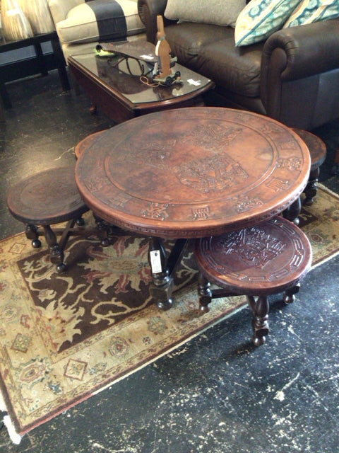 Ethnic Leather Round 4 Chairs Brown Table & Chairs