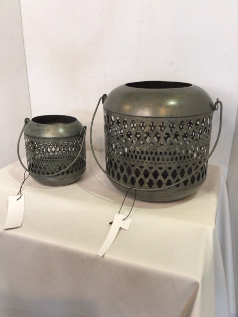 Pair Gray Metal Cut Out Lantern