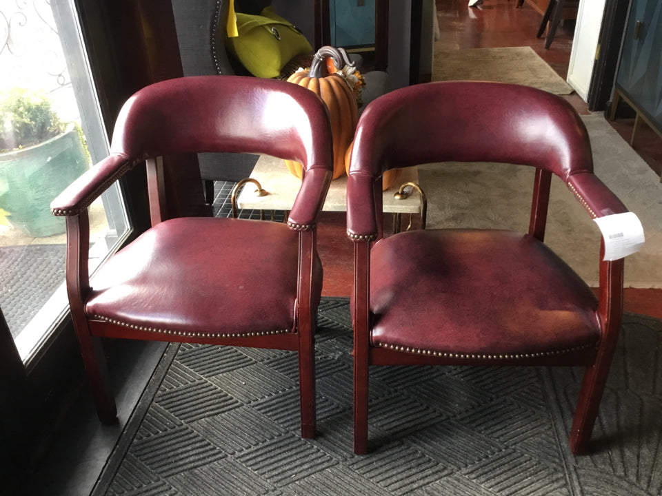 Pair Leather Open Arm Maroon Chair Set