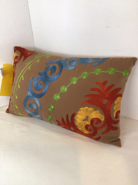 Brown/Multi Cotton Embroidered Pillow