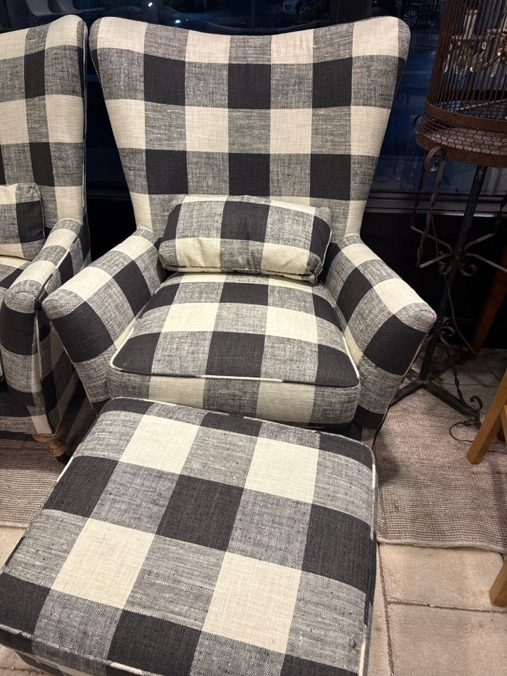 Arhaus Wing Back Cotton Plaid W/Ottoman Black/White Chair