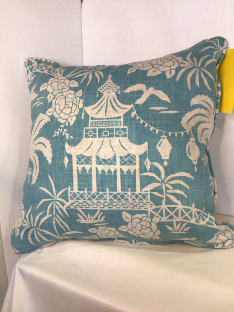 Blue/White Polyester Tropical Pillow